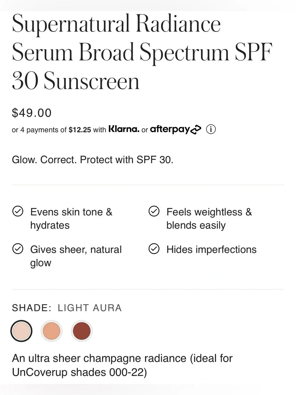 RMS Radiance Serum Broad Spectrum SPF 30 in Light Aura